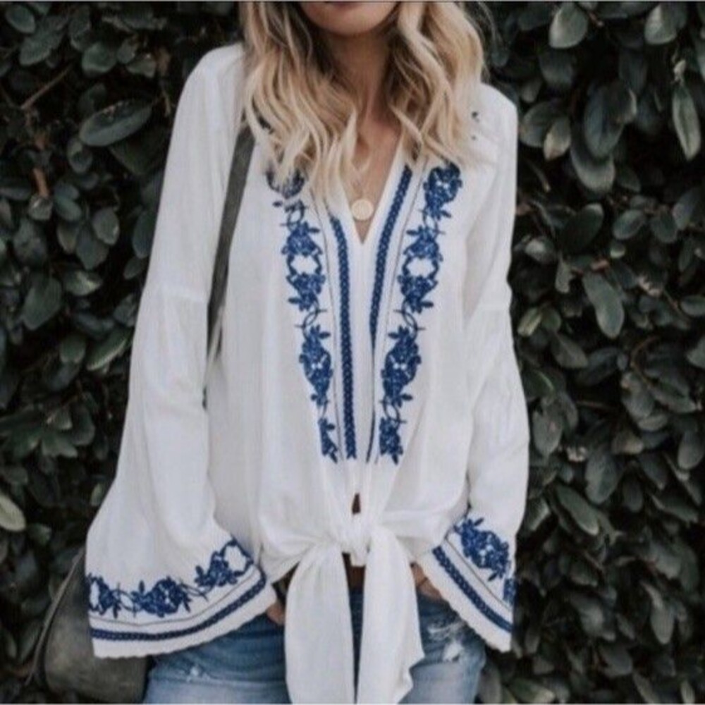 Boho Top Embroidered Front Tie Blouse